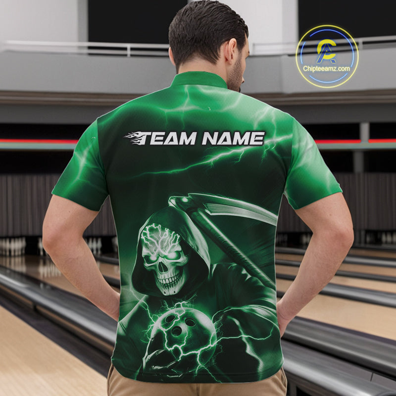 Custom Green Lightning Grim Reaper Bowling Quarter-Zip Shirts For Men, Halloween Bowling Jerseys IPHW9844