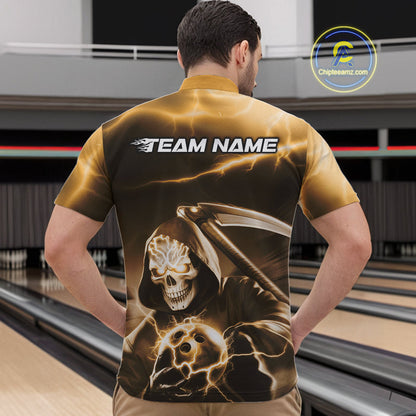 Custom Yellow Lightning Grim Reaper Bowling Quarter-Zip Shirts For Men, Halloween Bowling Jerseys IPHW9846