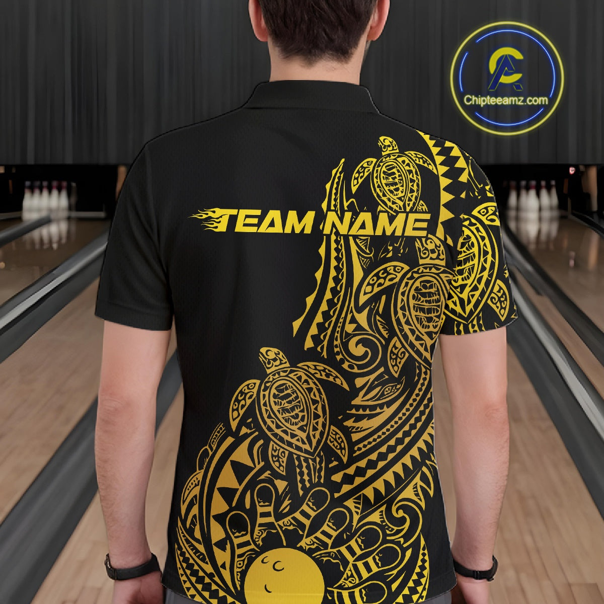 Back view of a male model in a black and gold bowling polo shirt displaying tribal swirl bowling graphics.