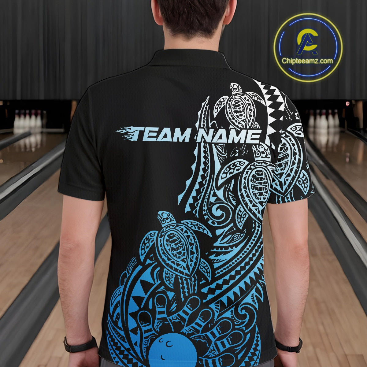 Back view of a male model in a black and blue bowling polo shirt showcasing tribal bowling artwork and turtle-inspired details.