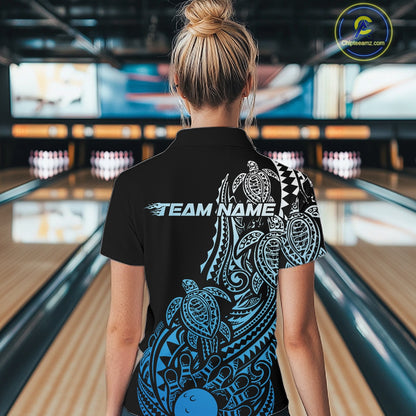 Back view of a female model in a black and blue bowling quarter-zip shirt featuring turtle-inspired bowling graphics.