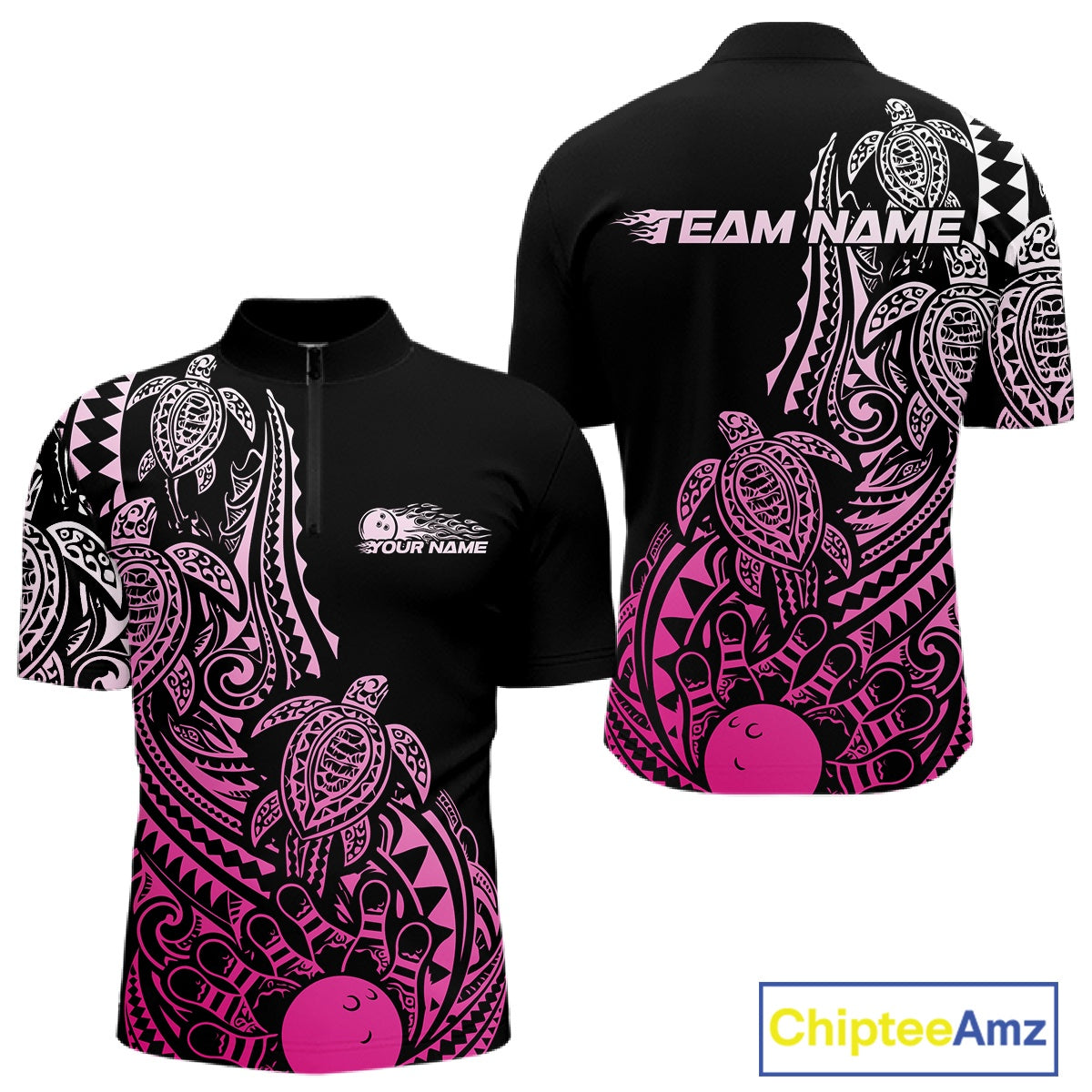 Front and back views of a black and pink mens bowling quarter-zip shirt with bowling pins and a ball framed by tribal swirls and Polynesian patterns.