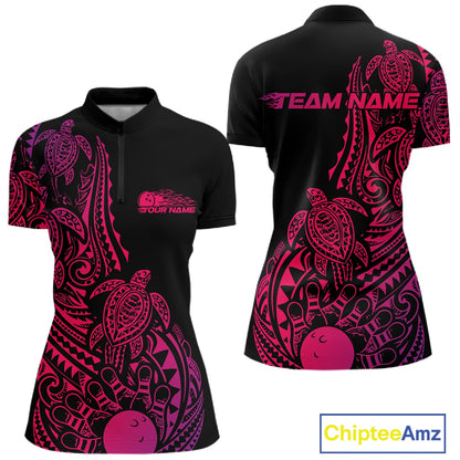 Front and back views of a black, pink, and purple womens bowling quarter-zip shirt featuring bowling ball and pins surrounded by tribal swirls and turtle Polynesian patterns.