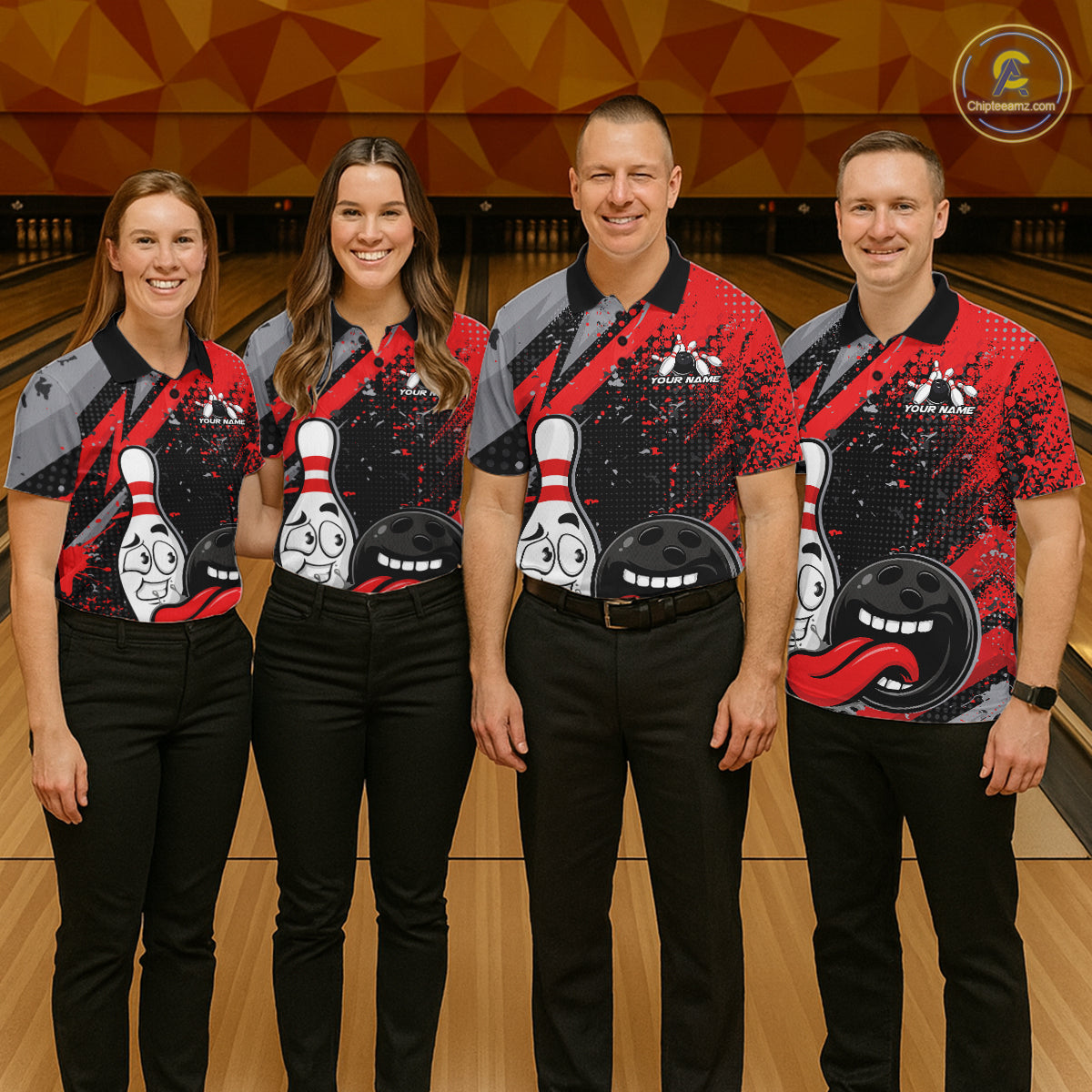 Custom Funny Bowling Polo Shirt For Men, Red Bowling Ball And Pin Bowling Jersey IPHW10257