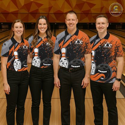 Custom Funny Bowling Polo Shirt For Men, Orange Bowling Ball And Pin Bowling Jersey IPHW10258