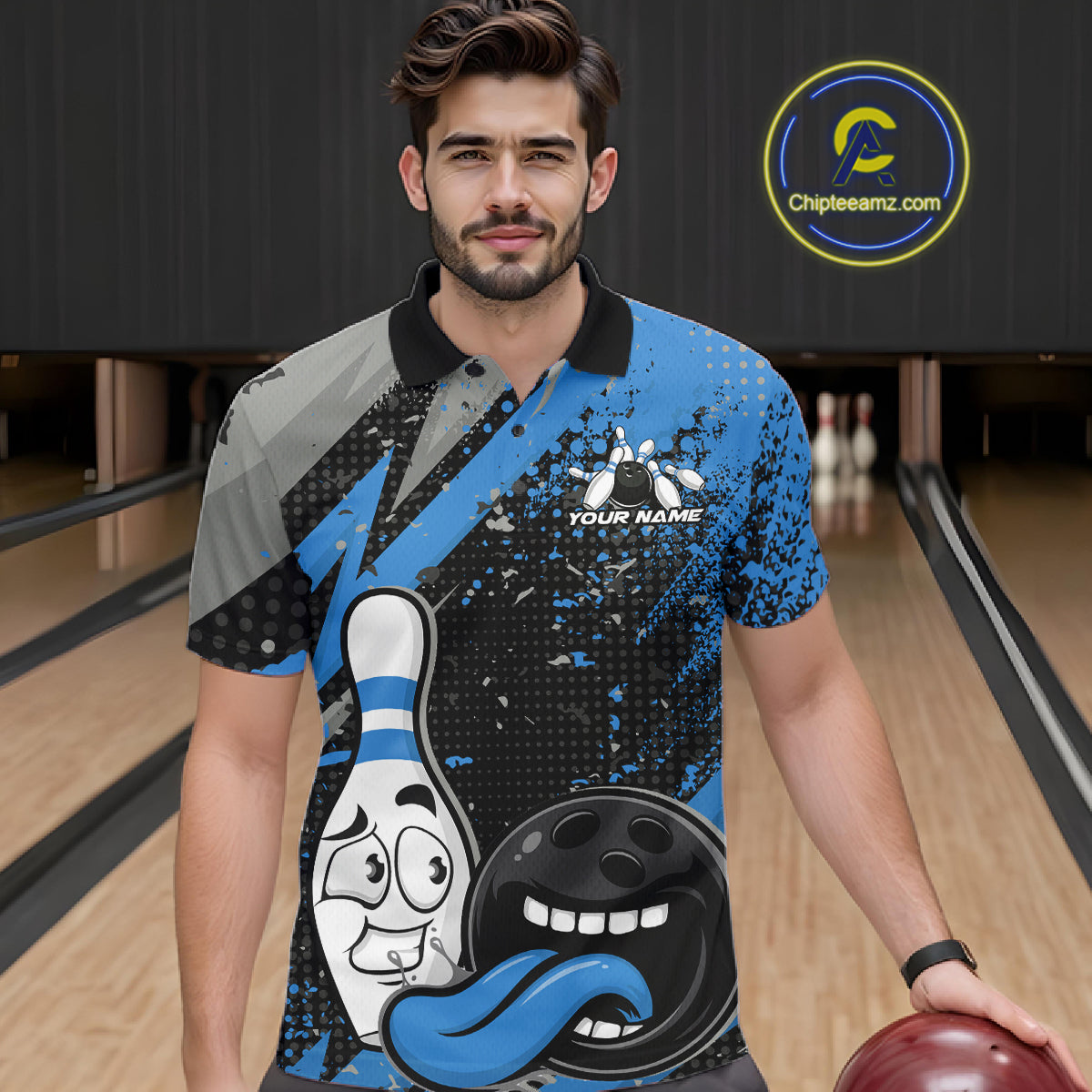 Custom Funny Bowling Polo Shirt For Men, Blue Bowling Ball And Pin Bowling Jersey IPHW10260
