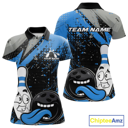 Custom Funny Bowling Polo Shirt For Women, Blue Bowling Ball And Pin Bowling Jersey IPHW10260