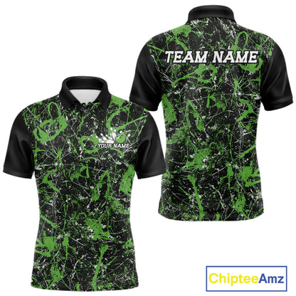 Front and back views of a black polo shirt with mid green paint-splatter graphics, personalized with â€œYour Nameâ€ on the chest and â€œTeam Nameâ€ across the back.

