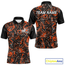 Load image into Gallery viewer, Front and back views of a black polo shirt with orange paint-splatter graphics, personalized with “Your Name” on the chest and “Team Name” across the back.
