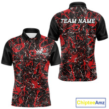Load image into Gallery viewer, Front and back views of a black polo shirt with red paint-splatter graphics, personalized with “Your Name” on the chest and “Team Name” across the back.