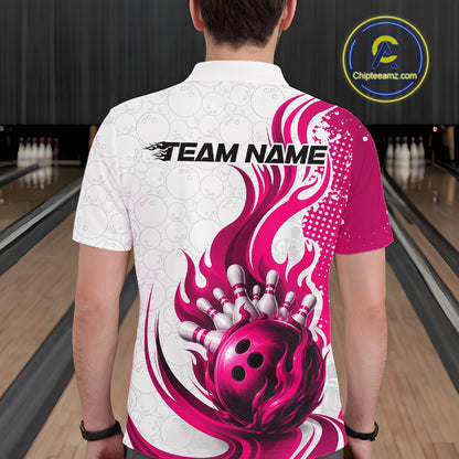 A man viewed from behind wearing a white bowling-themed short-sleeve shirt with a large pink and magenta flame graphic, bowling ball and pins design on the back, and 'TEAM NAME' placeholder text. 