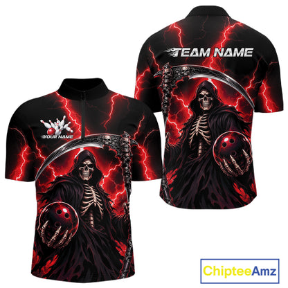 Black short-sleeve athletic jersey with a Grim Reaper bowling graphic, red lightning effects, and customizable text areas on the front and back