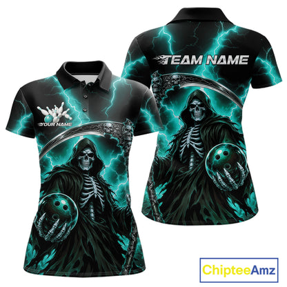 Customizable short-sleeve polo shirt shown from the front and back, featuring a Grim Reaper graphic with a skull, dark hooded figure, bowling balls, and bright teal lightning on a black background. The front shows a collar and button placket, and the back has a large 'TEAM NAME' print area.
