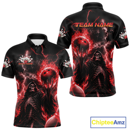 Front and back views of a black short-sleeve polo shirt with a red and black horror-themed graphic print featuring a hooded figure, red bowling balls, lightning, and customizable text reading TEAM NAME. 