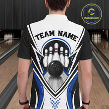 Load image into Gallery viewer, Back view of a male model wearing a white, black, and blue bowling polo shirt with bowling ball and pins graphics at a bowling lane.