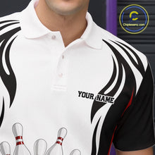 Load image into Gallery viewer, Close-up of the left chest on a white, black, and red bowling polo shirt featuring bowling ball and pins graphics.