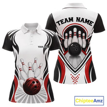 Load image into Gallery viewer, Front and back views of a women's bowling polo shirt mockup featuring bowling ball and pins artwork in a white, black, and red color combination.