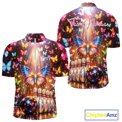 Front and back view of a men’s bowling quarter-zip shirt featuring colorful butterflies above bowling pins and a bowling ball with sparkling lights.