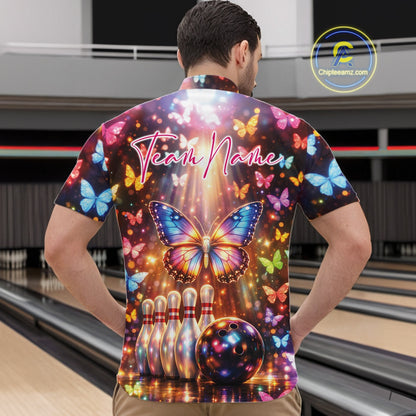 Front view of a male model in a bowling center wearing a quarter-zip shirt showcasing colorful butterflies and bowling-themed graphics.