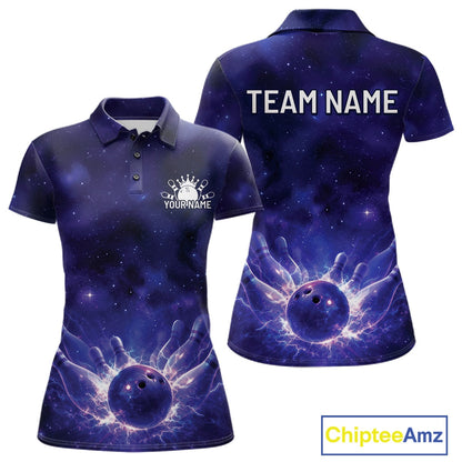Custom Purple And Blue Galaxy Bowling Team Shirts For Women, Sparkling Sky Bowling Jerseys IPHW10529