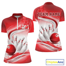 Load image into Gallery viewer, Custom Red Halftone Dots Hexagon Bowling Team Jerseys, Women Quarter-Zip Bowling Shirt IPHW11375