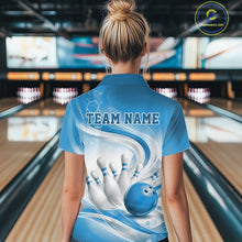 Load image into Gallery viewer, Custom Blue Halftone Dots Hexagon Bowling Team Jerseys, Women Quarter-Zip Bowling Shirt IPHW11376