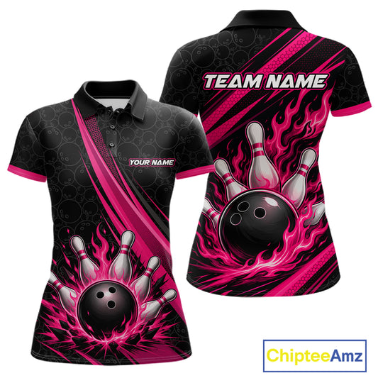 Custom Black And Pink Fire Flame Bowling Team Women Polo Shirt, Team Jerseys IPHW11681