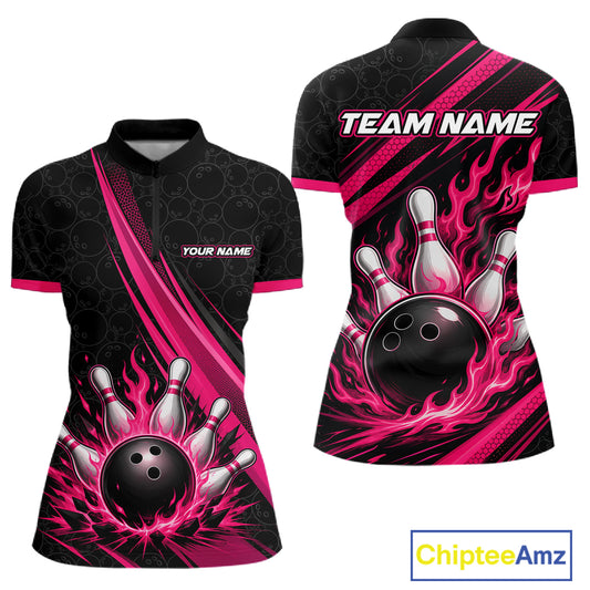 Custom Black And Pink Fire Flame Bowling Team Women Quarter-Zip Shirt, Team Jerseys IPHW11681