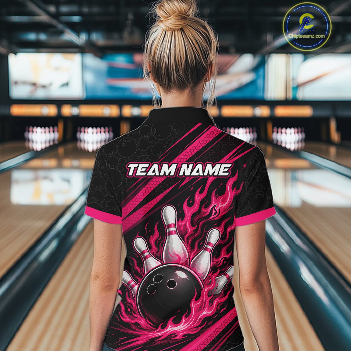 Custom Black And Pink Fire Flame Bowling Team Women Quarter-Zip Shirt, Team Jerseys IPHW11681