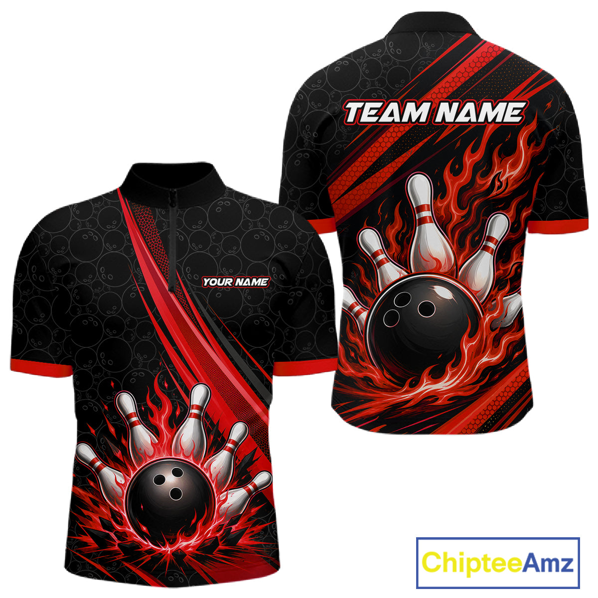 Custom Black And Red Fire Flame Bowling Team Men Quarter Zip Shirt, Team Jerseys IPHW11682