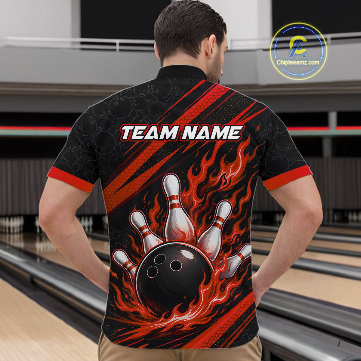 Custom Black And Red Fire Flame Bowling Team Men Quarter Zip Shirt, Team Jerseys IPHW11682