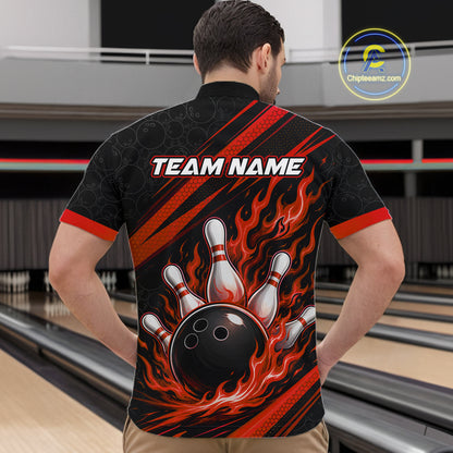 Custom Black And Red Fire Flame Bowling Team Men Quarter Zip Shirt, Team Jerseys IPHW11682