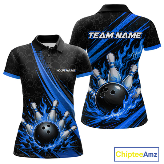 Custom Black And Blue Fire Flame Bowling Team Women Polo Shirt, Team Jerseys IPHW11683