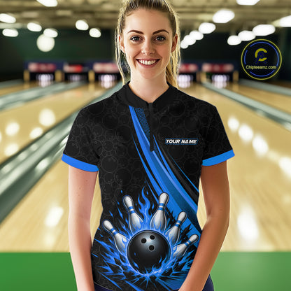 Custom Black And Blue Fire Flame Bowling Team Women Quarter-Zip Shirt, Team Jerseys IPHW11683