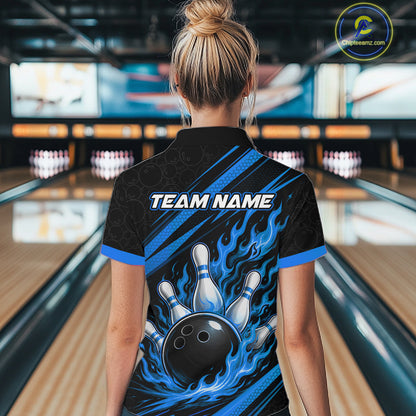 Custom Black And Blue Fire Flame Bowling Team Women Quarter-Zip Shirt, Team Jerseys IPHW11683