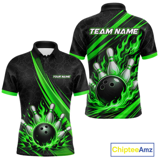 Custom Black And Green Fire Flame Bowling Team Men Polo Shirt, Team Jerseys IPHW11684