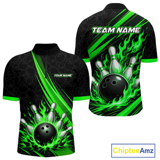 Custom Black And Green Fire Flame Bowling Team Men Quarter Zip Shirt, Team Jerseys IPHW11684