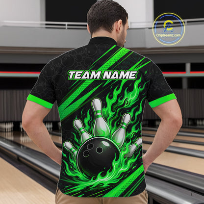 Custom Black And Green Fire Flame Bowling Team Men Quarter Zip Shirt, Team Jerseys IPHW11684