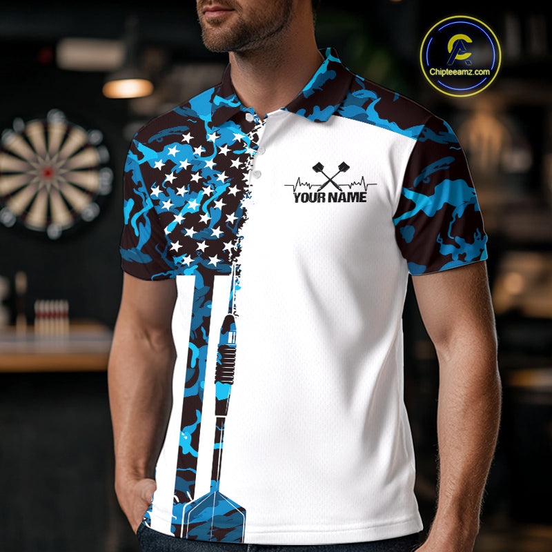 Custom Blue Military Camo Patriotic Dart Men Polo Shirts, US Flag Dart Team Shirt IPHW9954