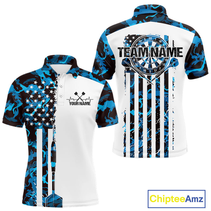 Custom Blue Military Camo Patriotic Dart Men Polo Shirts, US Flag Dart Team Shirt IPHW9954