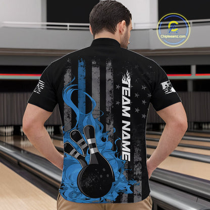 Custom Grunge Vintage Blue Thin Line US Flag Patriotic Men Quarter-Zip Bowling Team Shirts IPHW10170