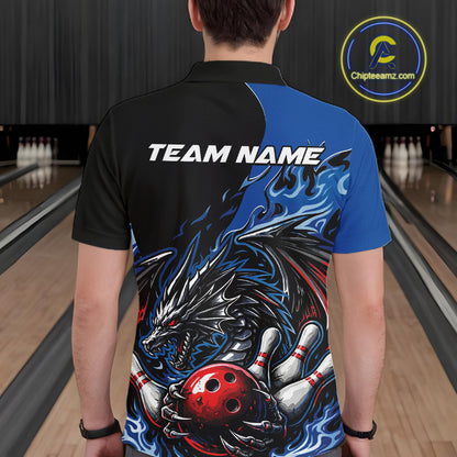 Custom Blue And Red Dragon Bowling Men Polo Team Shirt, Dragon Bowling League Shirts IPHW10368