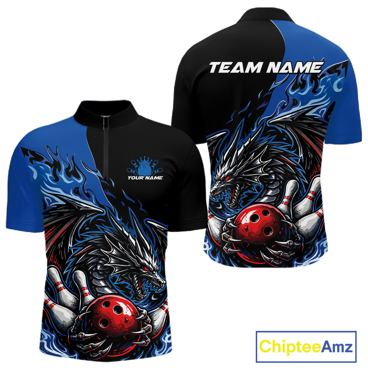 Custom Blue And Red Dragon Bowling Men Quarter-Zip Team Shirt, Dragon Bowling League Shirts IPHW10368