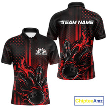 Load image into Gallery viewer, Custom Red Patrotic Flame Bowling Men Polo Shirt, US Flag Bowling Jersey IPHW11155