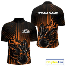 Load image into Gallery viewer, Custom Orange Patrotic Flame Bowling Men Quarter-Zip Shirt, US Flag Bowling Jersey IPHW11156