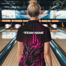 Load image into Gallery viewer, Custom Pink Patrotic Flame Bowling Women Polo Shirt, US Flag Bowling Jersey IPHW11159