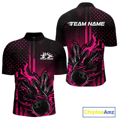 Front and back display of a black and pink mens bowling quarter-zip shirt featuring a flaming bowling ball striking pins with patriotic American flag bowling artwork.