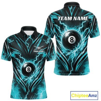 Custom Turquoise Blue Icy Lightning 8 Ball Billiards Men Polo Shirt, Pool League Shirt IPHW11762