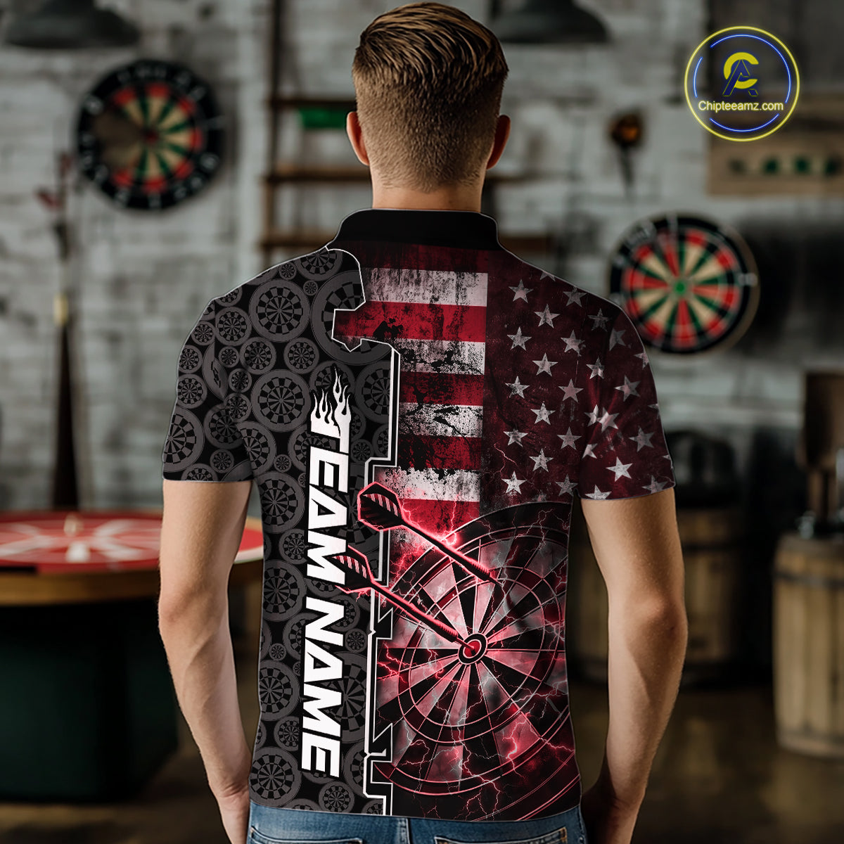Custom Red Lightning US Flag Dartboard Patriotic Dart Team Men Polo Shirt Dart Jerseys IPHW10389