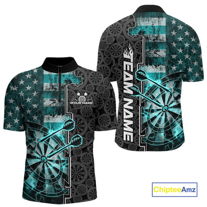 Custom Turquoise Blue Lightning US Flag Dartboard Patriotic Dart Team Men Quarter-Zip Shirt IPHW10391